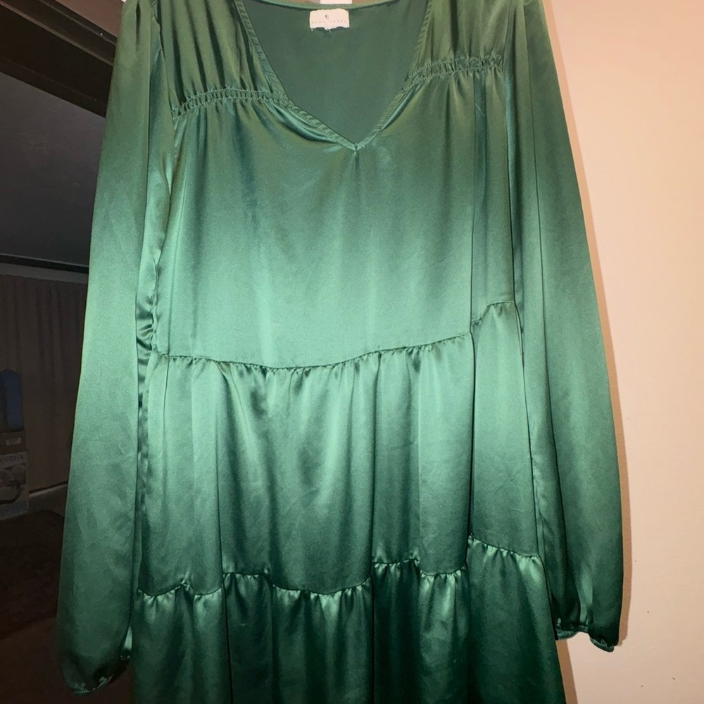 Dark Green Long Sleeve satin Dress